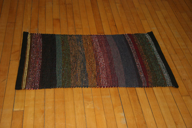 photo of multi-color wool rug, handspun and handwoven by Joanne Littler, Pine Ledge Fiber Studio, Fairfax, VT